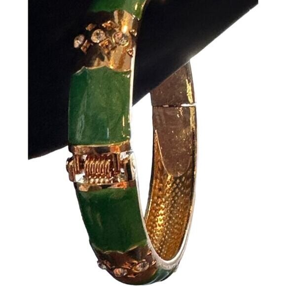 Vintage Green Enamel & Gold Tone Hinged Bangle Bracelet With Rhinestone Floral D - Picture 5 of 7